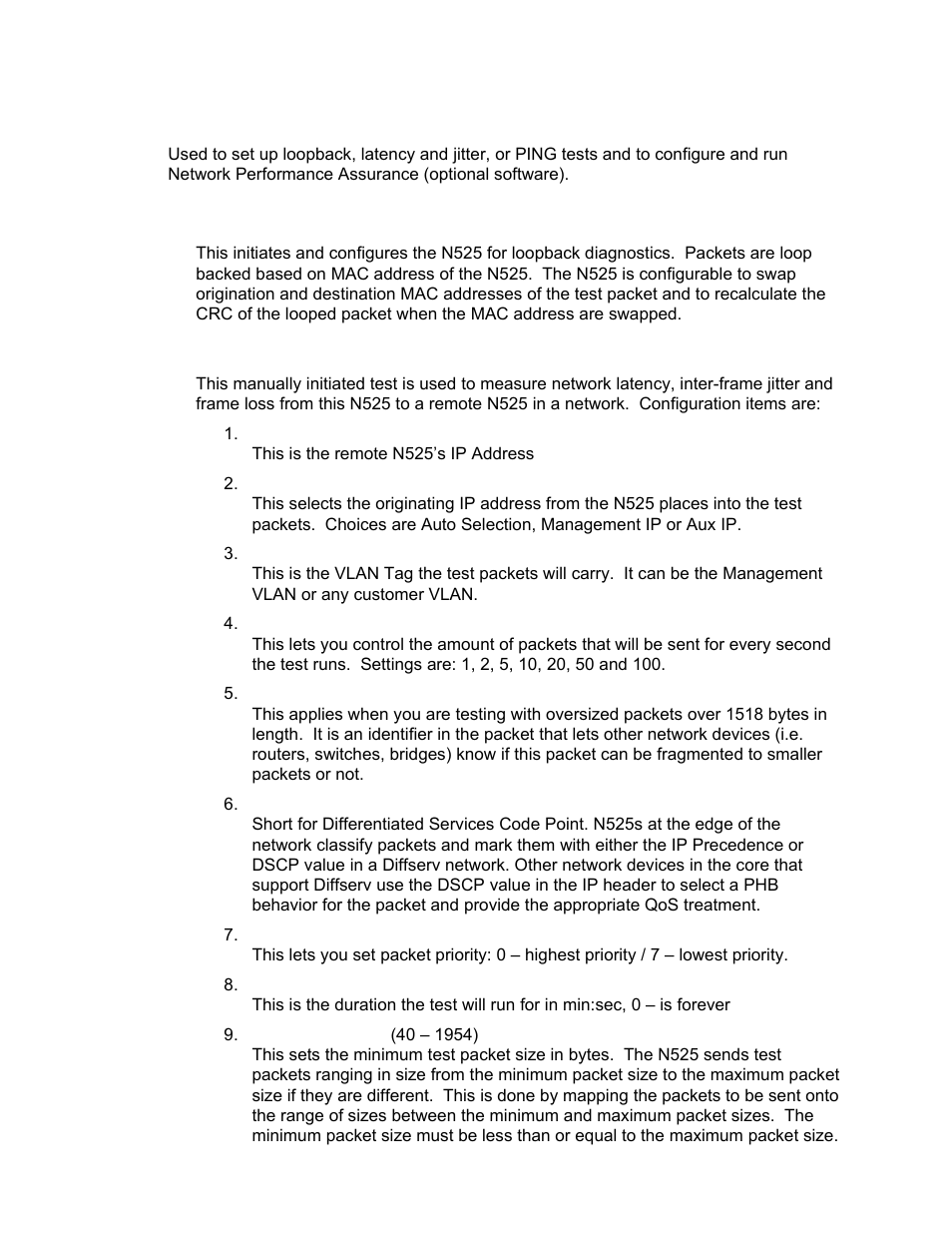 Diagnostics, Loopback setup, Latency/jitter test | CANOGA PERKINS N525 Ethernet Termination Service Unit User Manual | Page 26 / 104