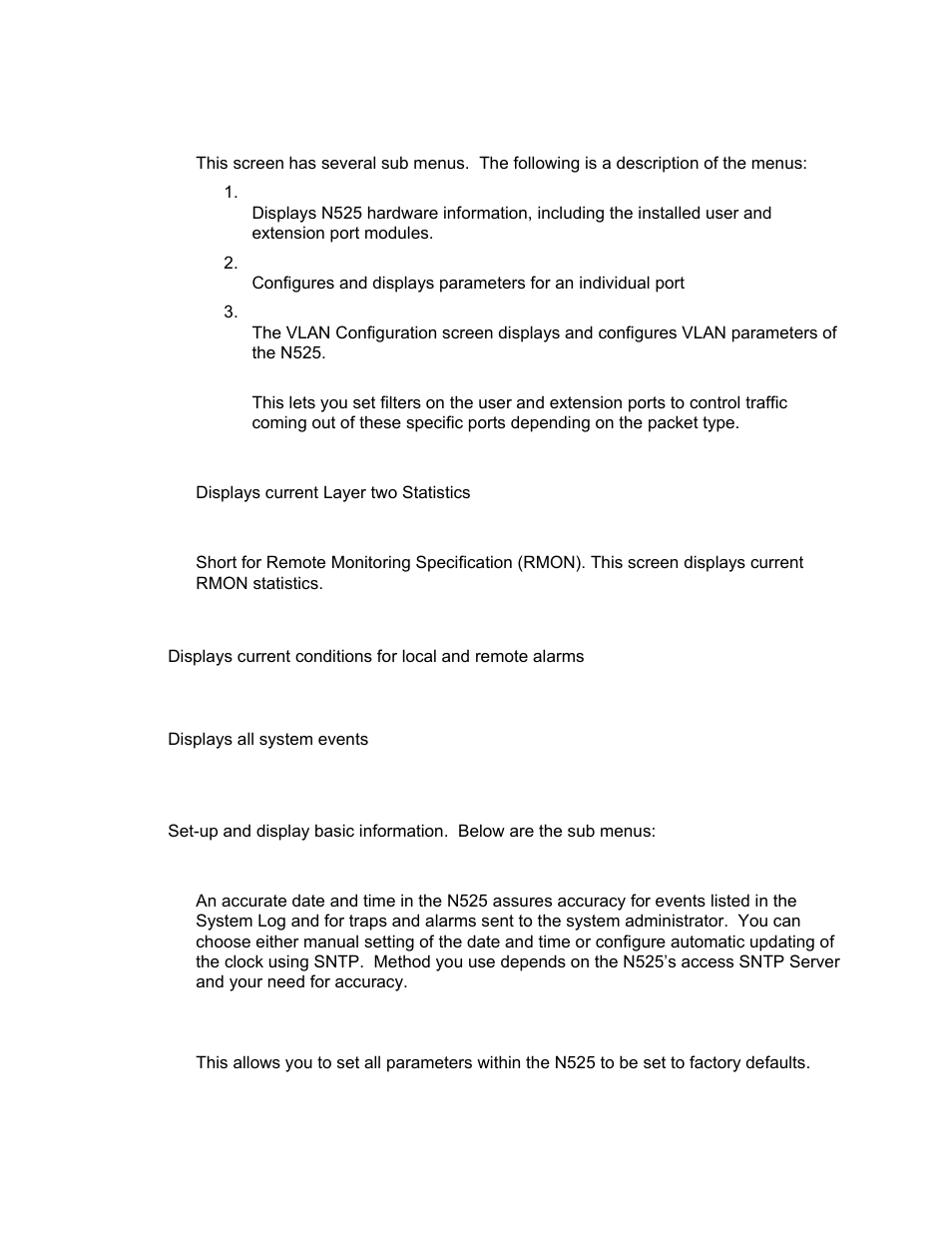 Port configuration, System alarms, System log | Utilities, Set date & time, Reset configuration to default, Change password | CANOGA PERKINS N525 Ethernet Termination Service Unit User Manual | Page 28 / 104