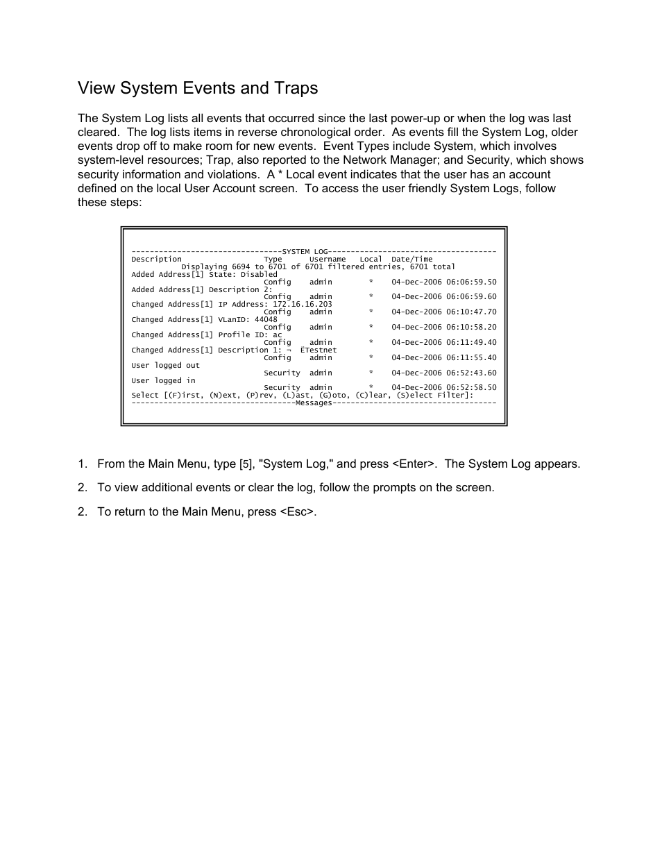 View system events and traps | CANOGA PERKINS N525 Ethernet Termination Service Unit User Manual | Page 44 / 104