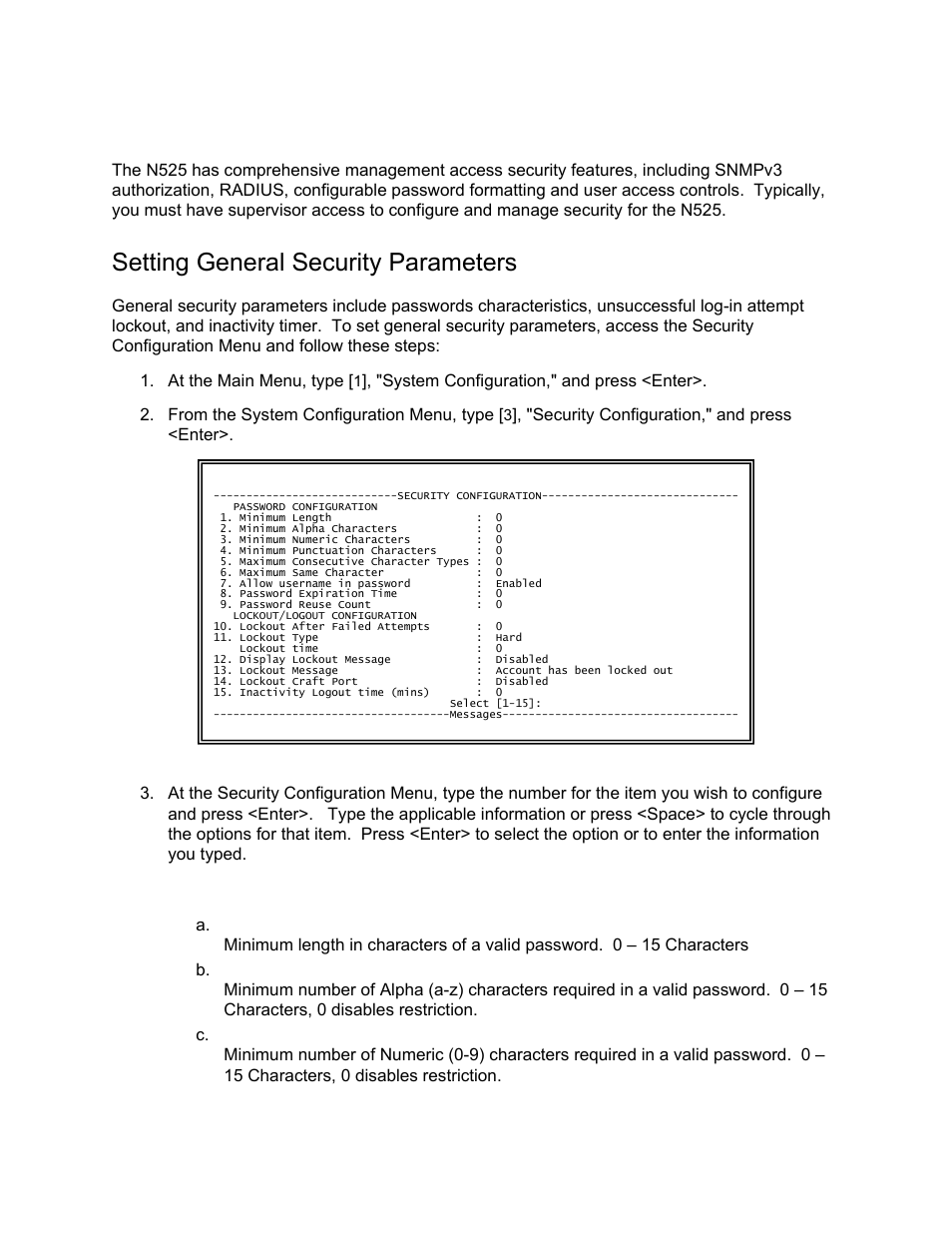 Configuring access security, Setting general security parameters | CANOGA PERKINS N525 Ethernet Termination Service Unit User Manual | Page 49 / 104