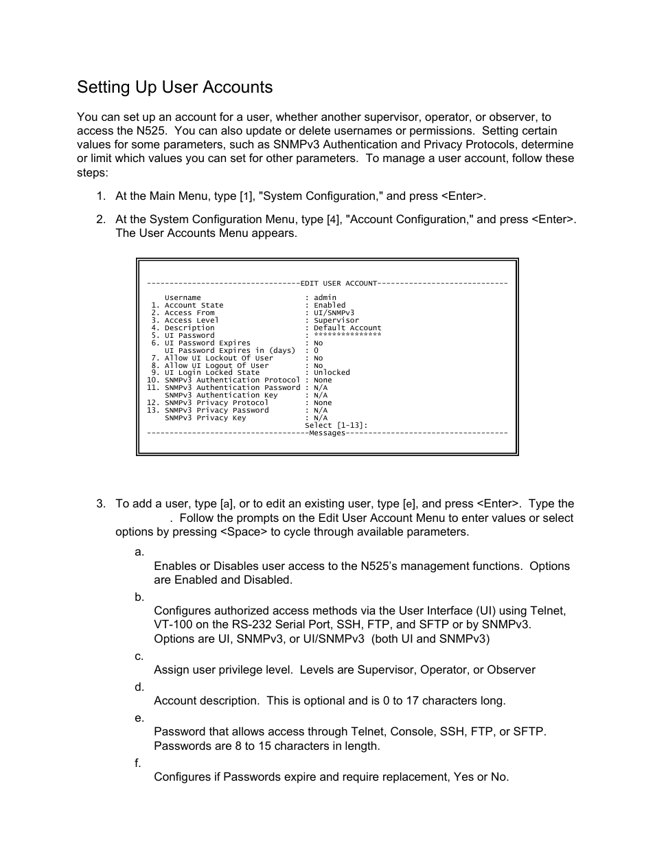 Setting up user accounts | CANOGA PERKINS N525 Ethernet Termination Service Unit User Manual | Page 51 / 104