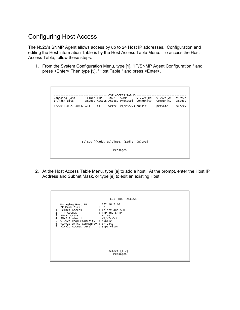 Configuring host access | CANOGA PERKINS N525 Ethernet Termination Service Unit User Manual | Page 53 / 104