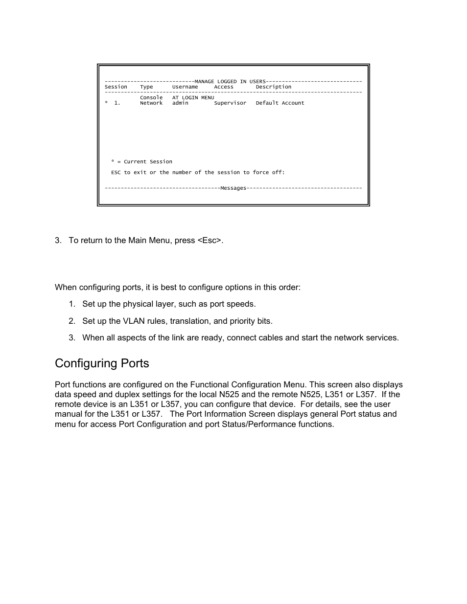 Managing the network interface, Configuring ports | CANOGA PERKINS N525 Ethernet Termination Service Unit User Manual | Page 61 / 104
