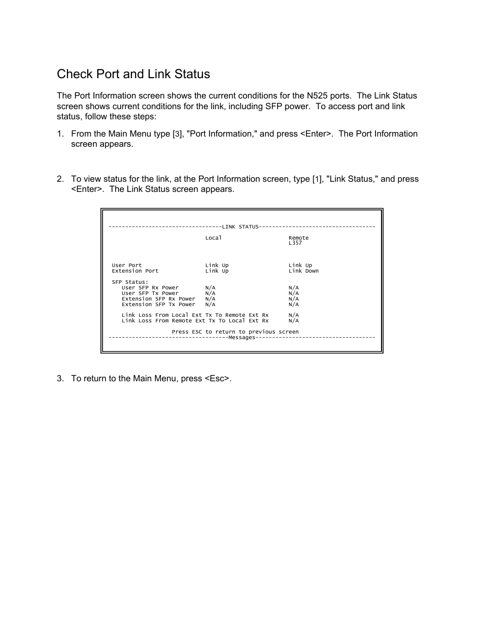 Check port and link status | CANOGA PERKINS N525 Ethernet Termination Service Unit User Manual | Page 64 / 104