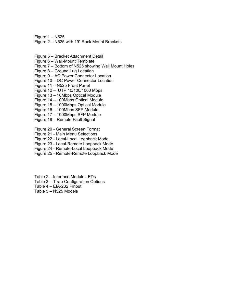 List of figures, List of tables | CANOGA PERKINS N525 Ethernet Termination Service Unit User Manual | Page 7 / 104