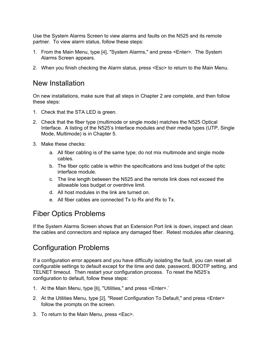 New installation, Fiber optics problems, Configuration problems | CANOGA PERKINS N525 Ethernet Termination Service Unit User Manual | Page 80 / 104