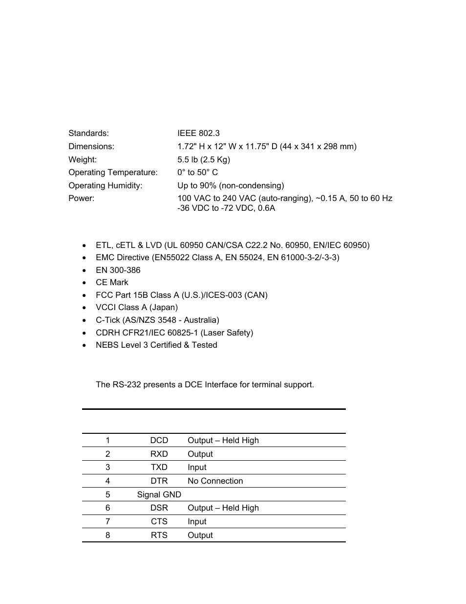 Chapter 5 - specifications, N525 specifications, Regulatory compliance | Eia rs-232 port, Chapter 5 specifications | CANOGA PERKINS N525 Ethernet Termination Service Unit User Manual | Page 87 / 104
