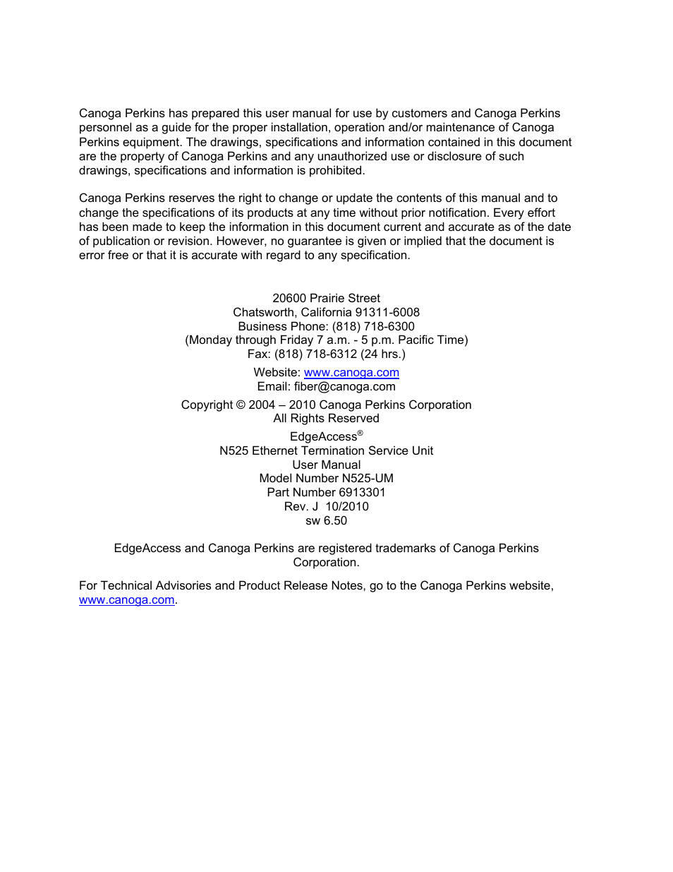 Notice, Canoga perkins corporation | CANOGA PERKINS N525 Ethernet Termination Service Unit User Manual | Page 2 / 109