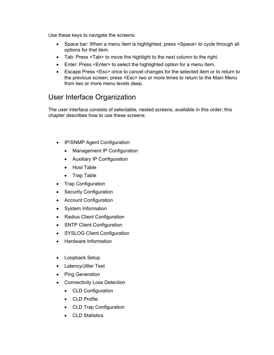 User interface organization, Main menu | CANOGA PERKINS N525 Ethernet Termination Service Unit User Manual | Page 22 / 109