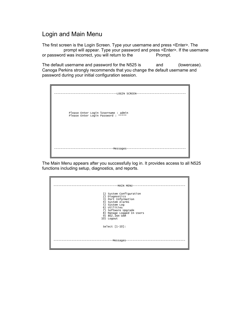 Login and main menu, 6 n525 ethernet termination service unit | CANOGA PERKINS N525 Ethernet Termination Service Unit User Manual | Page 24 / 109
