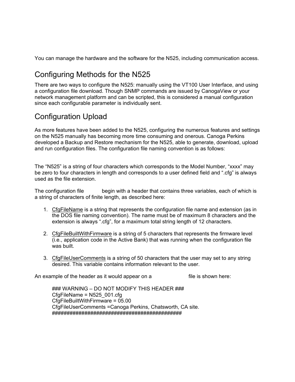 Managing the n525, Configuring methods for the n525, Configuration upload | CANOGA PERKINS N525 Ethernet Termination Service Unit User Manual | Page 31 / 109