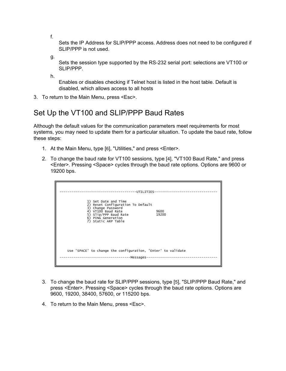 Set up the vt100 and slip/ppp baud rates | CANOGA PERKINS N525 Ethernet Termination Service Unit User Manual | Page 42 / 109