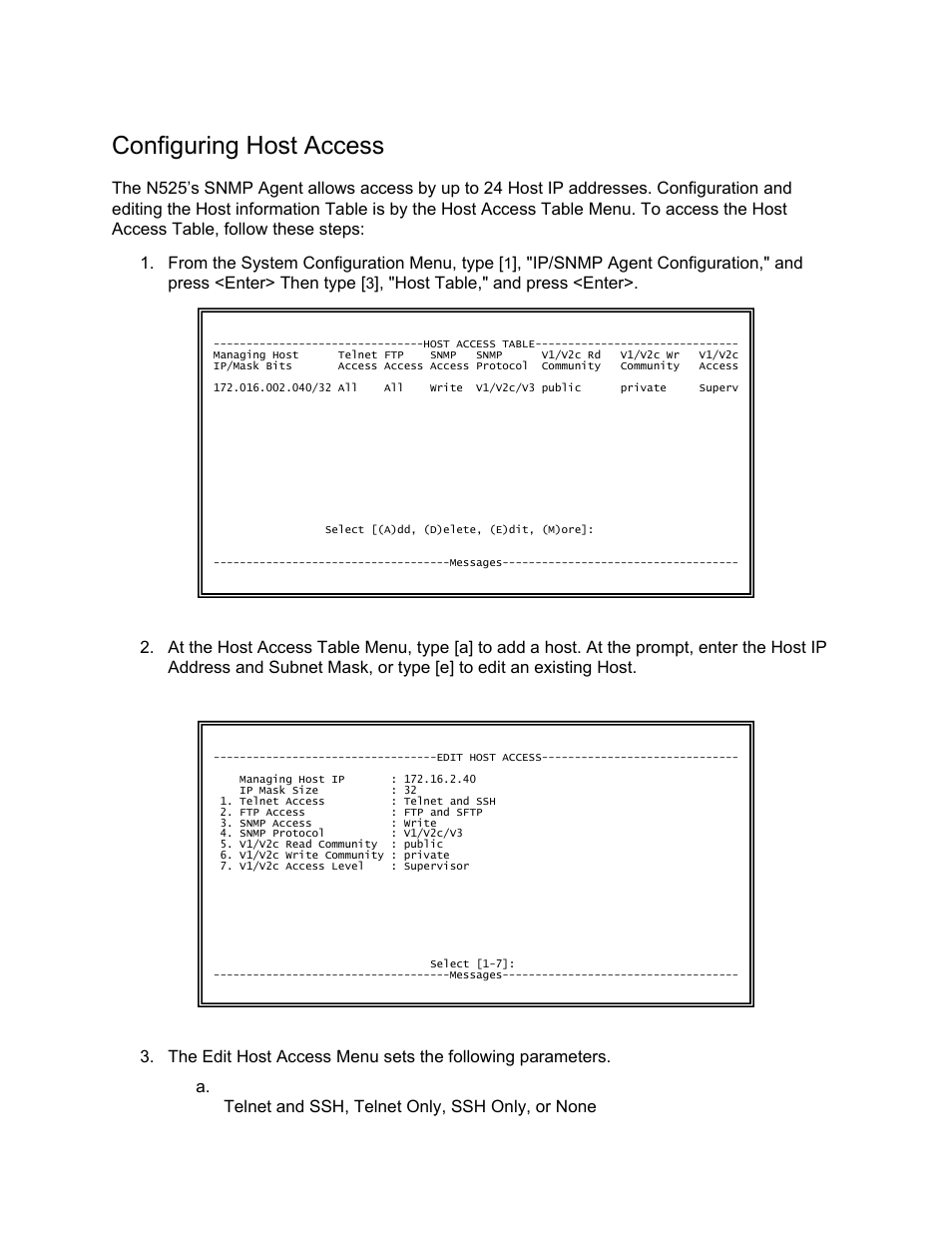 Configuring host access | CANOGA PERKINS N525 Ethernet Termination Service Unit User Manual | Page 53 / 109