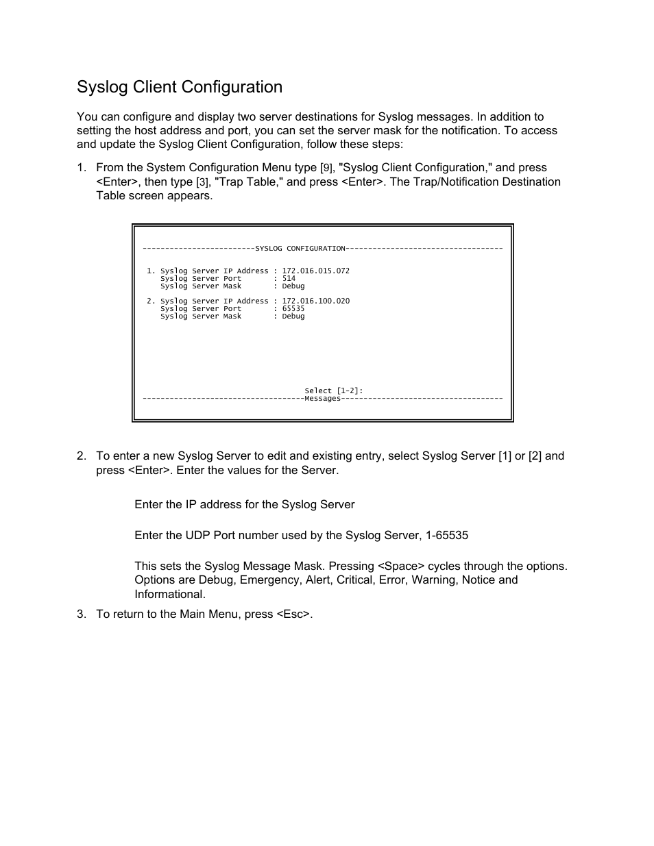 Syslog client configuration | CANOGA PERKINS N525 Ethernet Termination Service Unit User Manual | Page 56 / 109