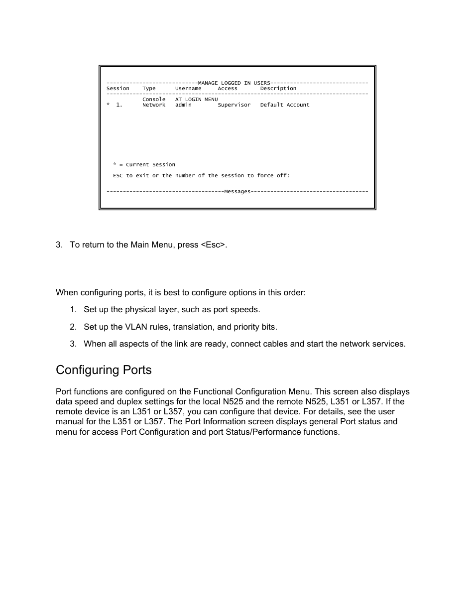 Managing the network interface, Configuring ports | CANOGA PERKINS N525 Ethernet Termination Service Unit User Manual | Page 61 / 109