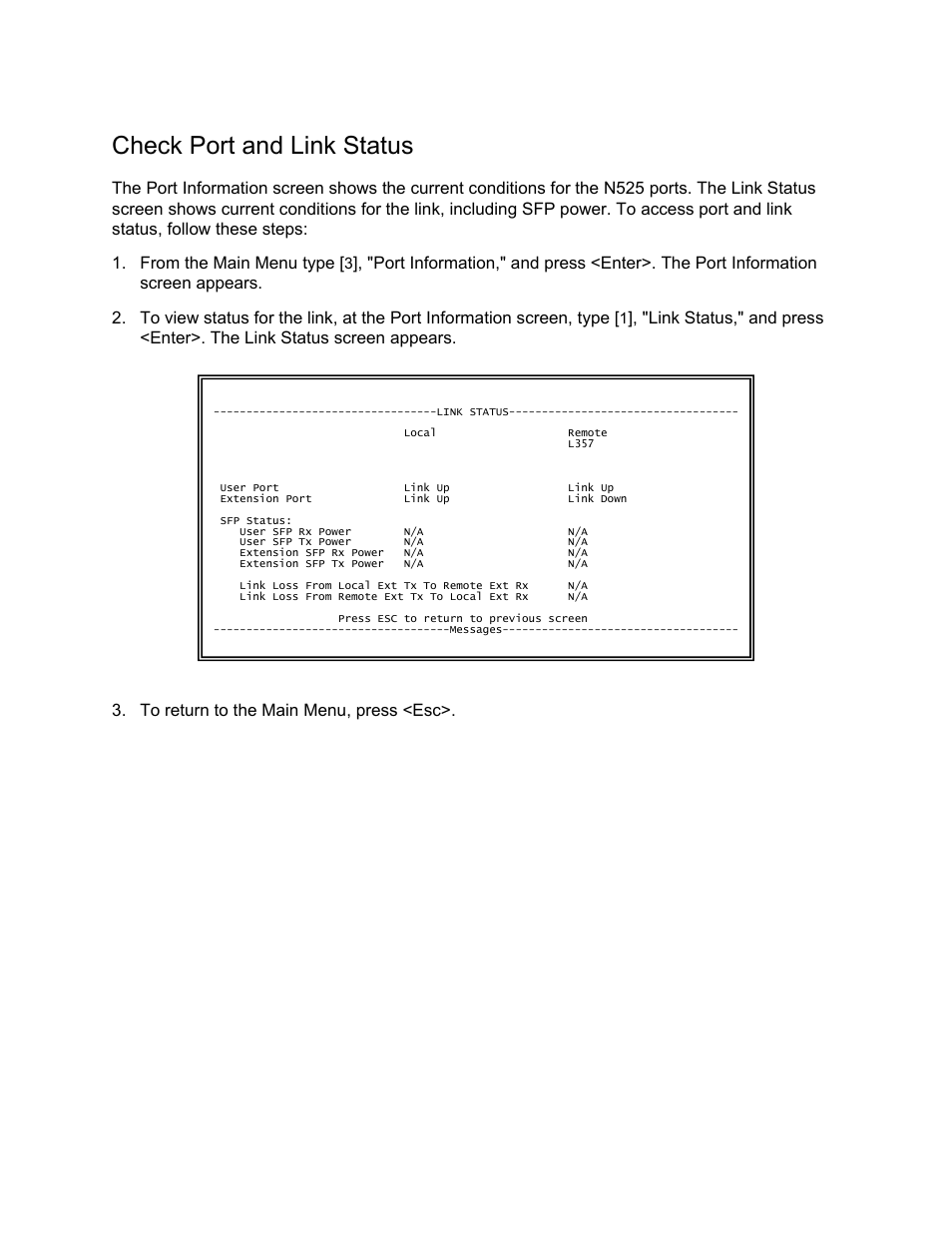 Check port and link status | CANOGA PERKINS N525 Ethernet Termination Service Unit User Manual | Page 65 / 109