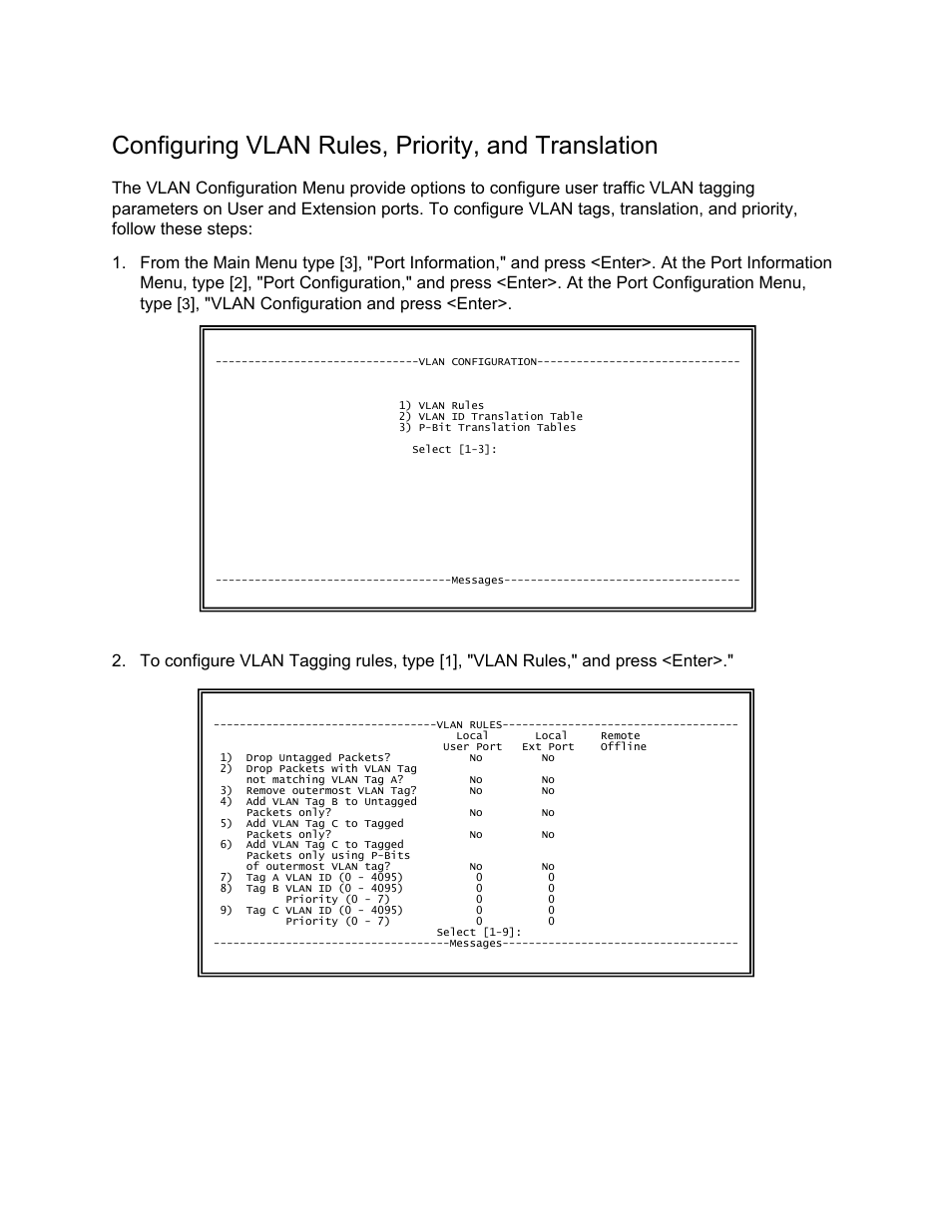 Configuring vlan rules, priority, and translation, Vlan rules," and press <enter | CANOGA PERKINS N525 Ethernet Termination Service Unit User Manual | Page 66 / 109