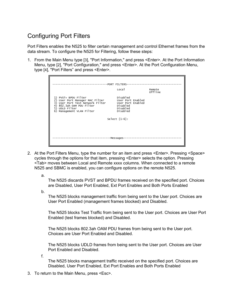 Configuring port filters | CANOGA PERKINS N525 Ethernet Termination Service Unit User Manual | Page 70 / 109