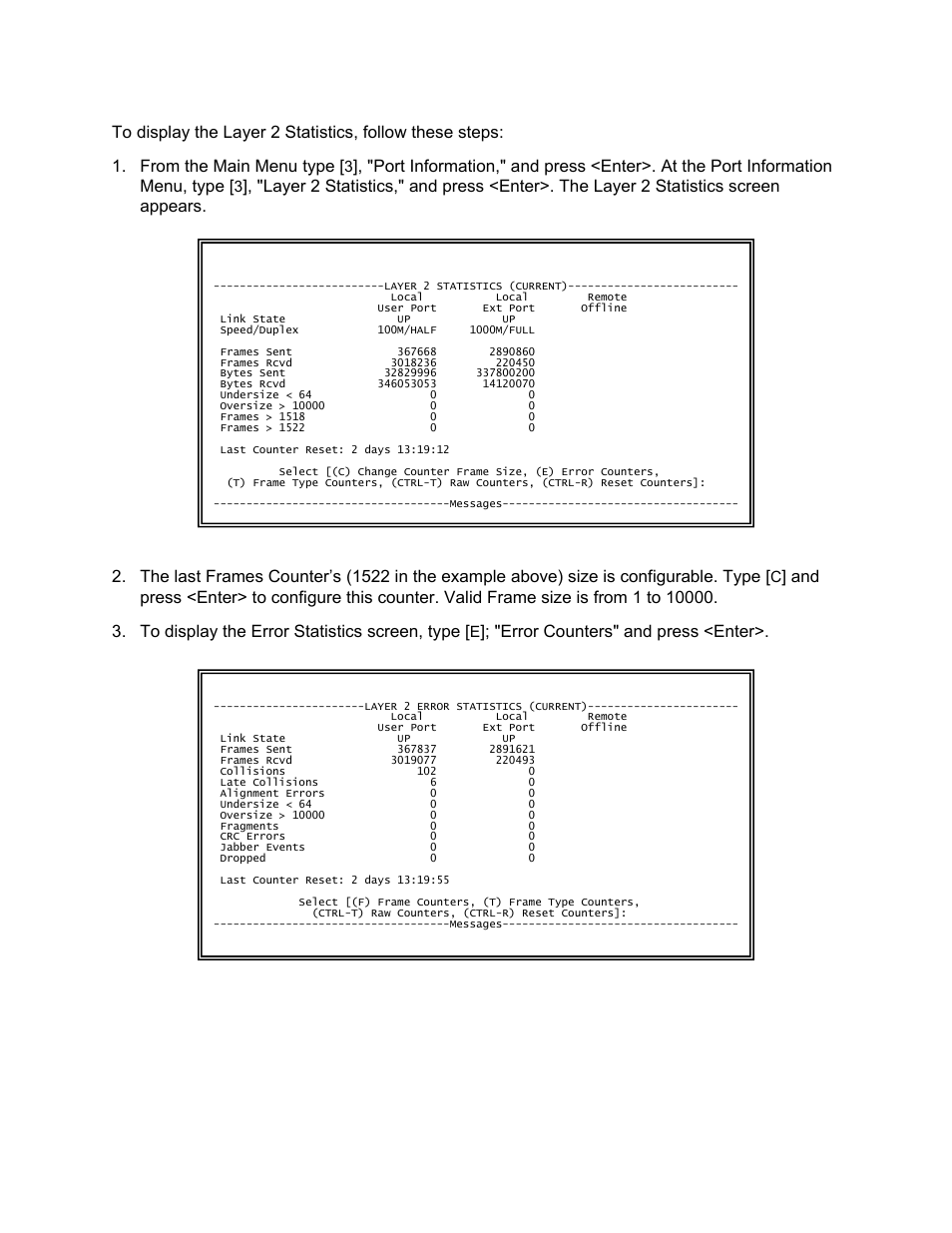 Error counters" and press <enter | CANOGA PERKINS N525 Ethernet Termination Service Unit User Manual | Page 72 / 109