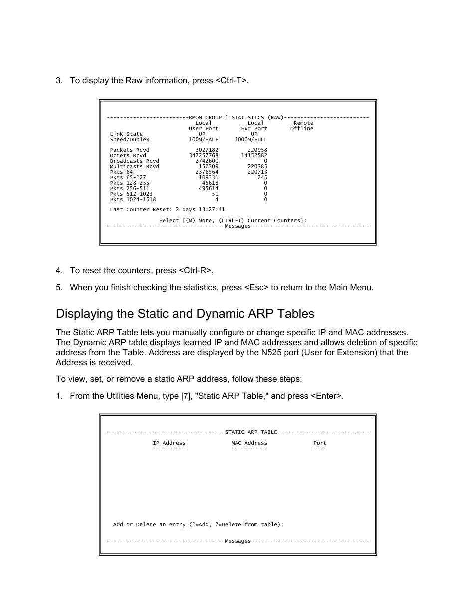 Displaying the static and dynamic arp tables, Static arp table," and press <enter | CANOGA PERKINS N525 Ethernet Termination Service Unit User Manual | Page 75 / 109