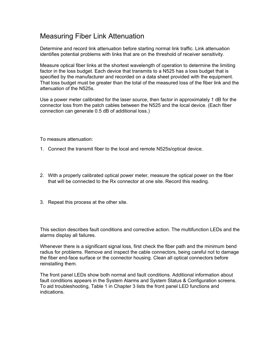 Measuring fiber link attenuation, Troubleshooting | CANOGA PERKINS N525 Ethernet Termination Service Unit User Manual | Page 79 / 109