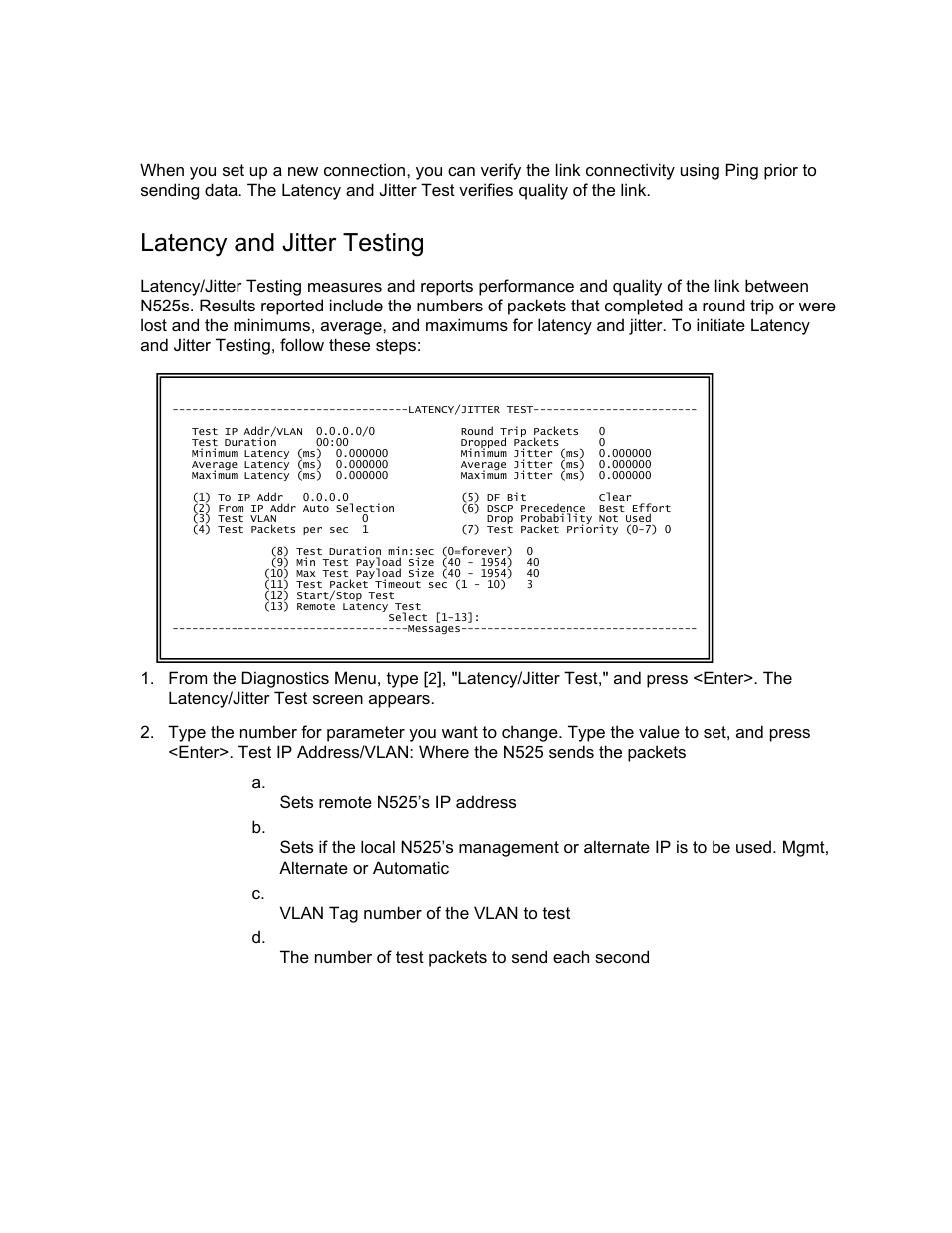 Running diagnostics, Latency and jitter testing | CANOGA PERKINS N525 Ethernet Termination Service Unit User Manual | Page 81 / 109