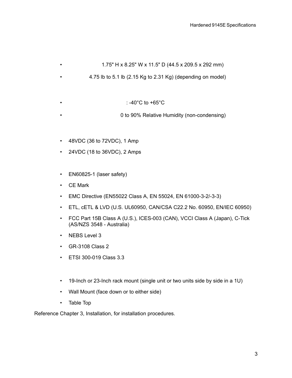 3 hardened 9145e specifications, 1 physical characteristics, 2 environmental characteristics | 3 power requirements, 4 regulatory compliance, 4 mounting options | CANOGA PERKINS 9145E Network Interface Device User Manual | Page 15 / 54