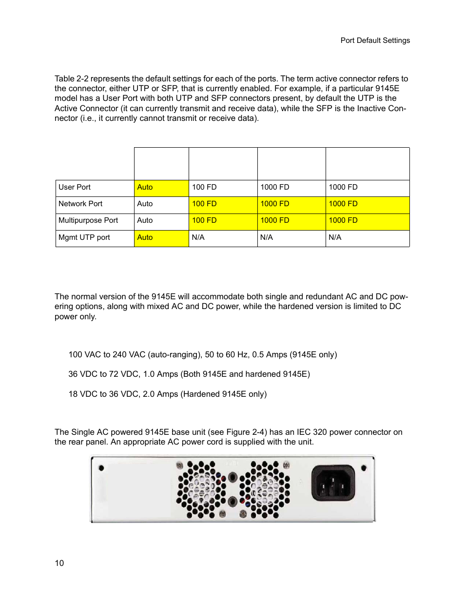 5 port default settings, 6 power connectors, 1 power requirements | 2 single ac power base unit | CANOGA PERKINS 9145E Network Interface Device User Manual | Page 22 / 54