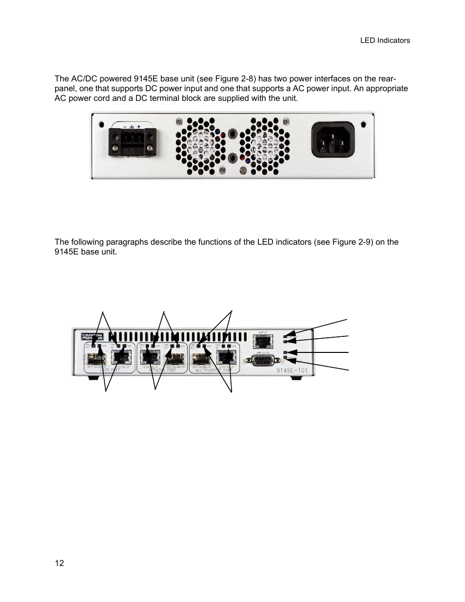 6 ac/dc power base unit, 7 led indicators | CANOGA PERKINS 9145E Network Interface Device User Manual | Page 24 / 54