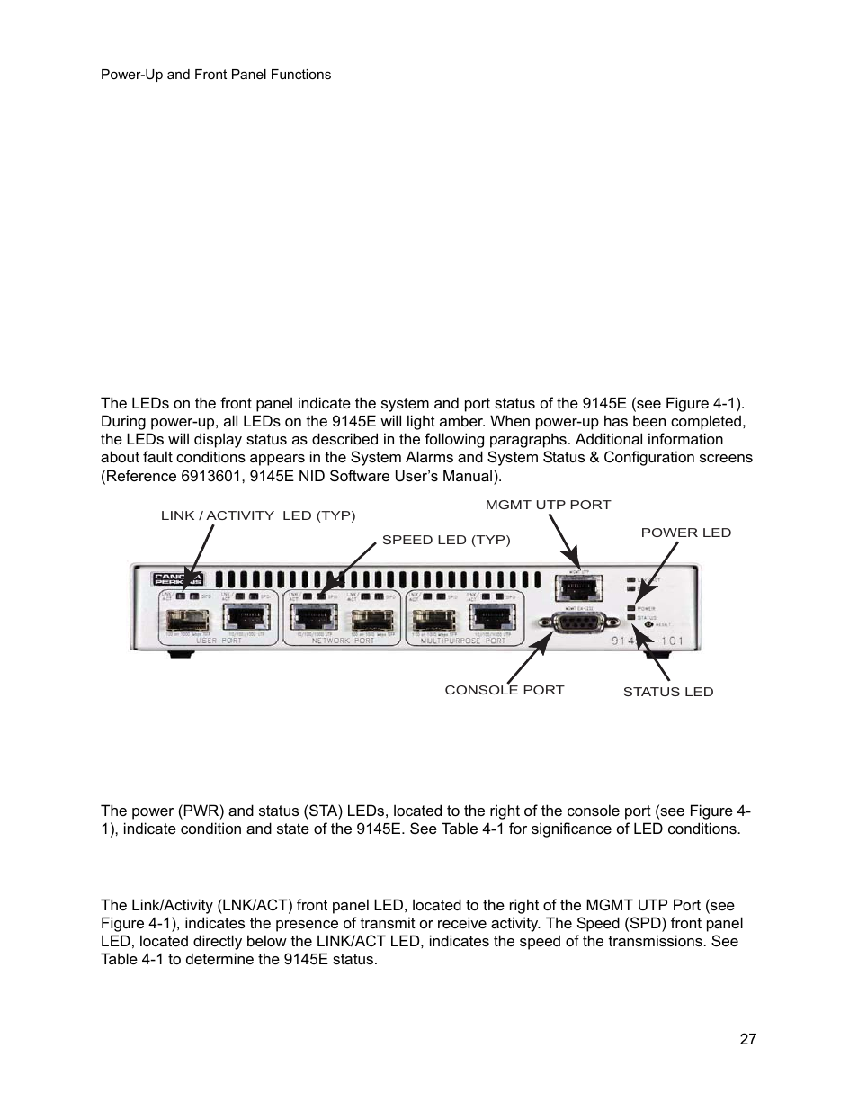 Operation, 1 power-up and front panel functions, 1 ethernet management leds | Chapter 4 operation | CANOGA PERKINS 9145E Network Interface Device User Manual | Page 39 / 54