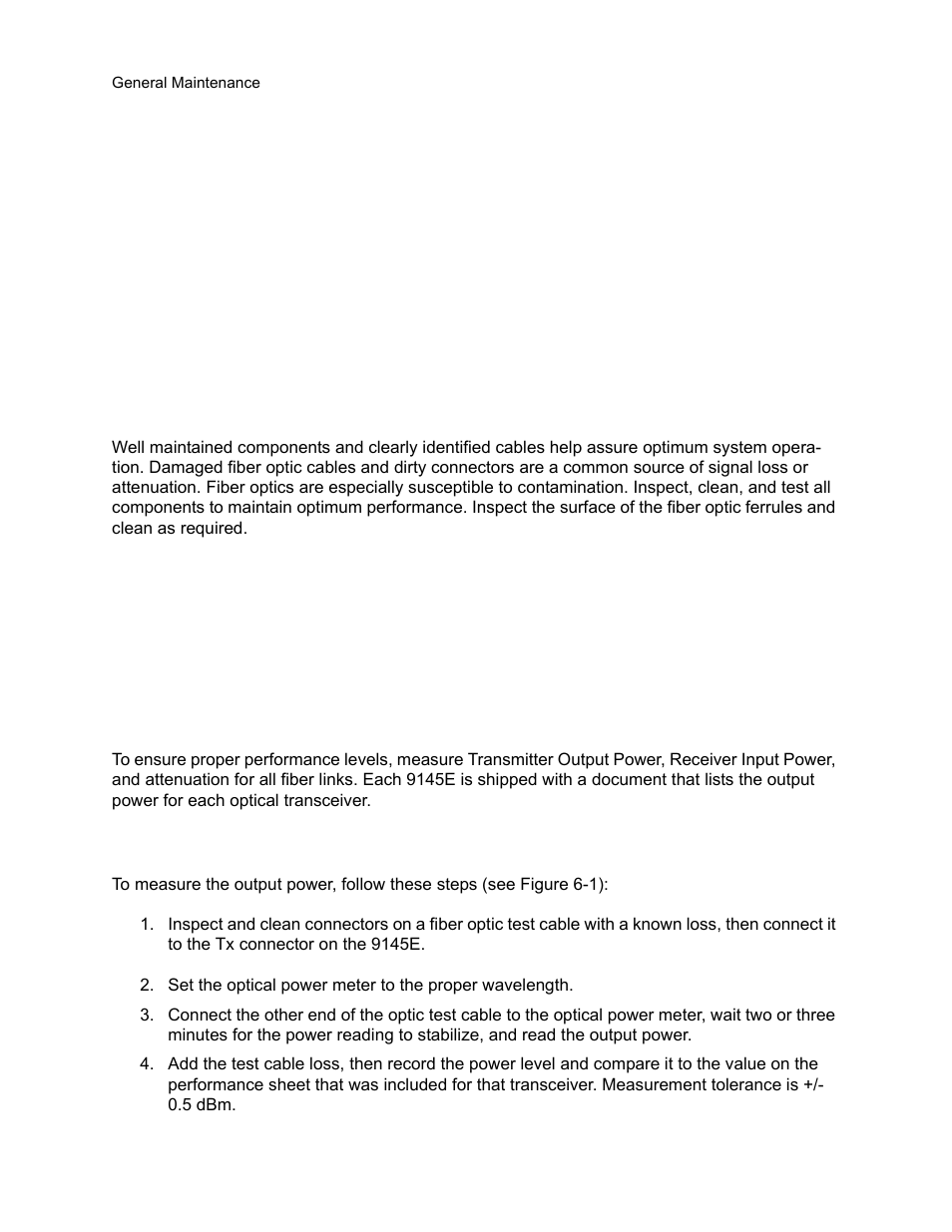 Maintenance, 1 general maintenance, 2 check optical power levels | 1 measuring transmitter output power, Chapter 6 maintenance | CANOGA PERKINS 9145E Network Interface Device User Manual | Page 49 / 54