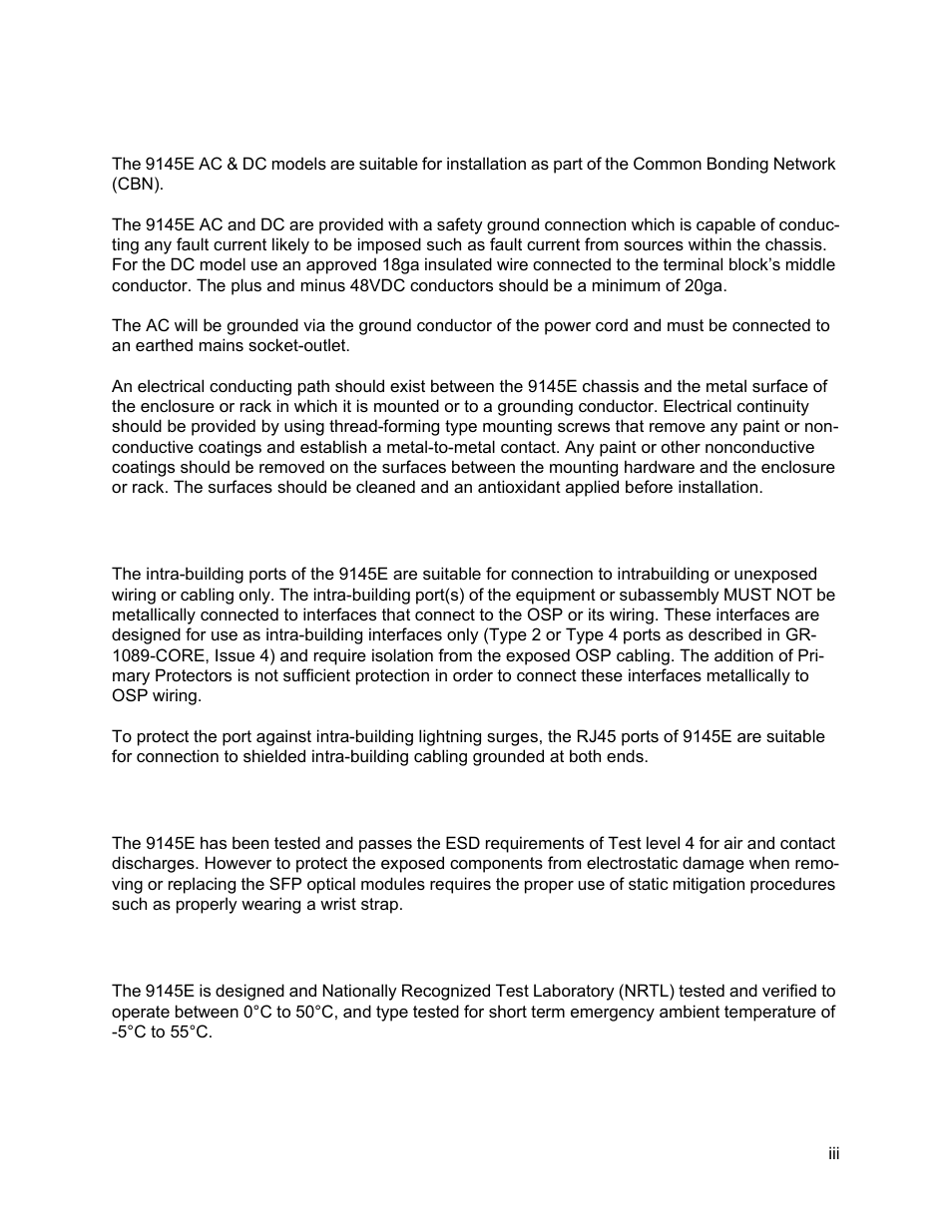 Grounding, Lightning protection, Operation temperature | CANOGA PERKINS 9145E Network Interface Device User Manual | Page 5 / 54