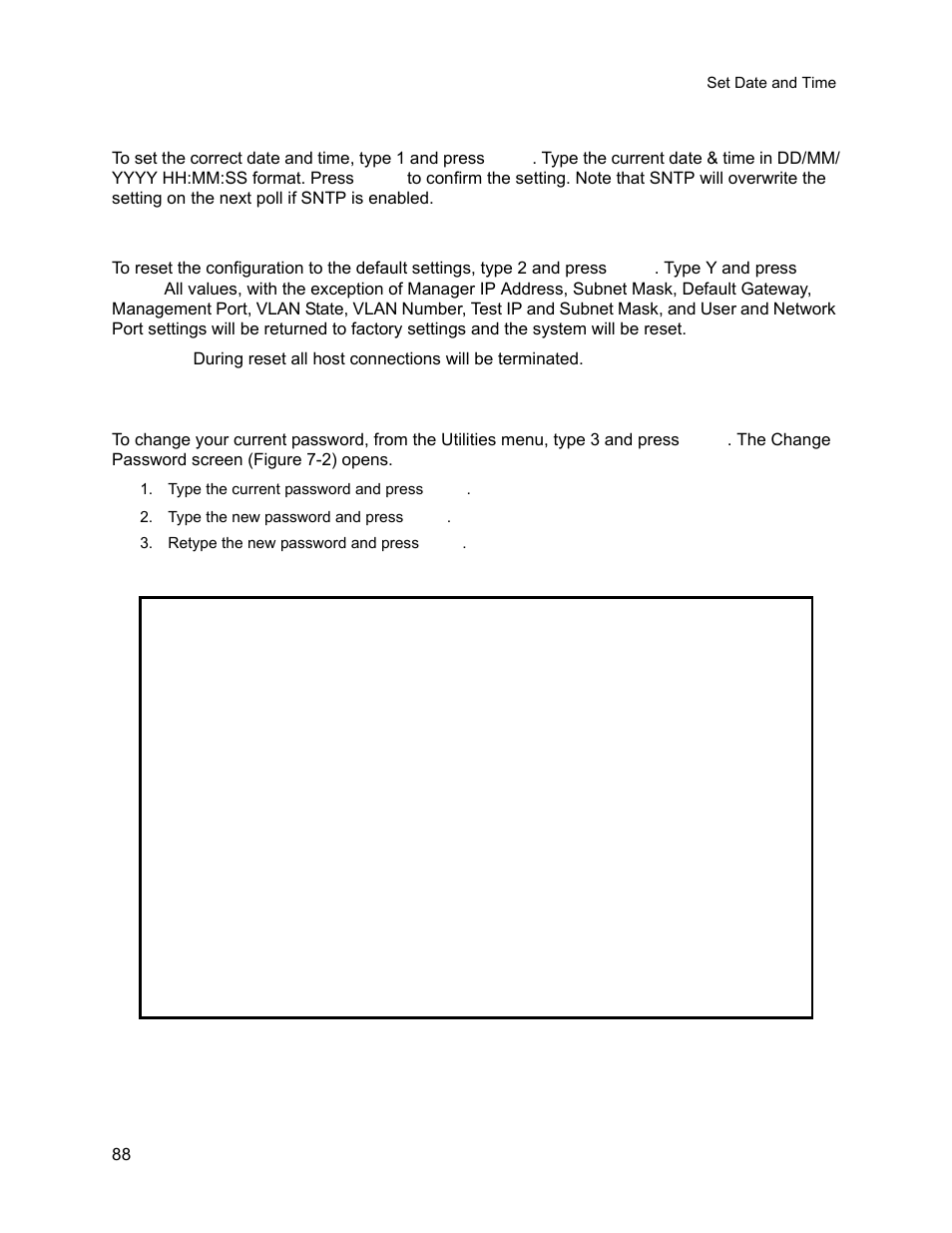 1 set date and time, 2 reset configuration to default, 3 change password | Set date and time, Reset configuration to default, Change password | CANOGA PERKINS 9145E NID Software Version 3.1 User Manual | Page 103 / 189