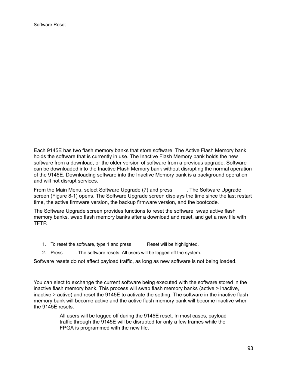 Software upgrade, 0 flash memory, 1 software reset | 2 swap bank and reset, Chapter 8. software upgrade, Flash memory, Software reset, Swap bank and reset, Chapter 8 software upgrade | CANOGA PERKINS 9145E NID Software Version 3.1 User Manual | Page 108 / 189