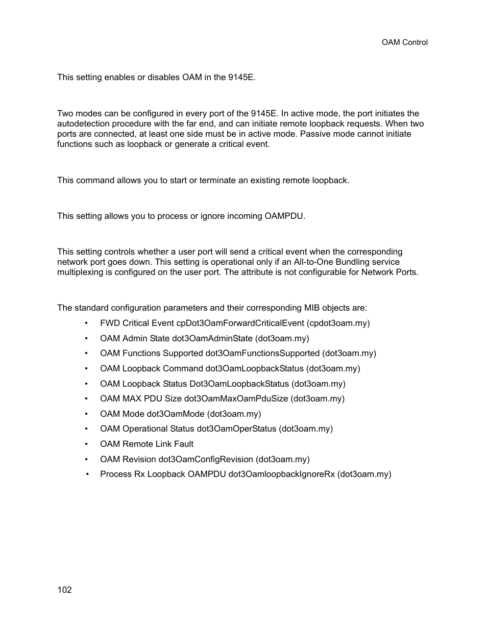 7 oam admin state, 8 oam mode, 9 oam loopback command | 10 process rx loopback oam pdu, 11 fwd critical event, 12 user interface mib objects, Oam admin state, Oam mode, Oam loopback command, Process rx loopback oam pdu | CANOGA PERKINS 9145E NID Software Version 3.1 User Manual | Page 117 / 189