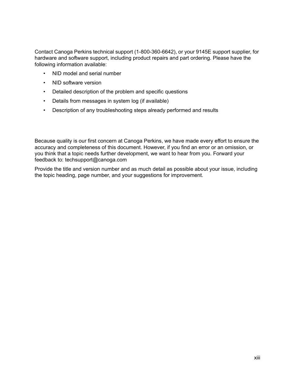 Contacting technical support, Document feedback | CANOGA PERKINS 9145E NID Software Version 3.1 User Manual | Page 14 / 189