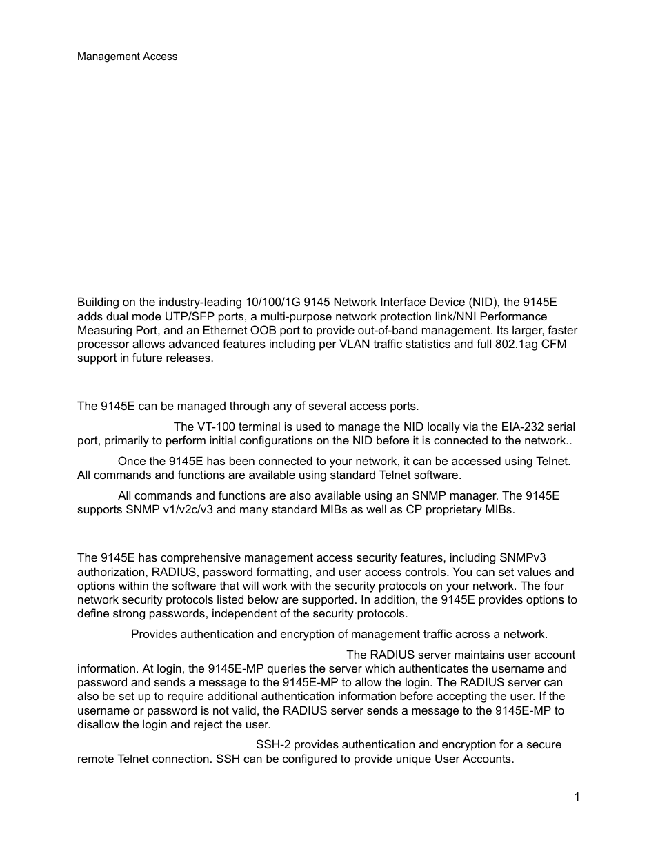 Introduction, 0 about the 9145e software, 1 management access | 2 management security features, Chapter 1. introduction, About the 9145e software, Management access, Management security features, Chapter 1 introduction | CANOGA PERKINS 9145E NID Software Version 3.1 User Manual | Page 16 / 189