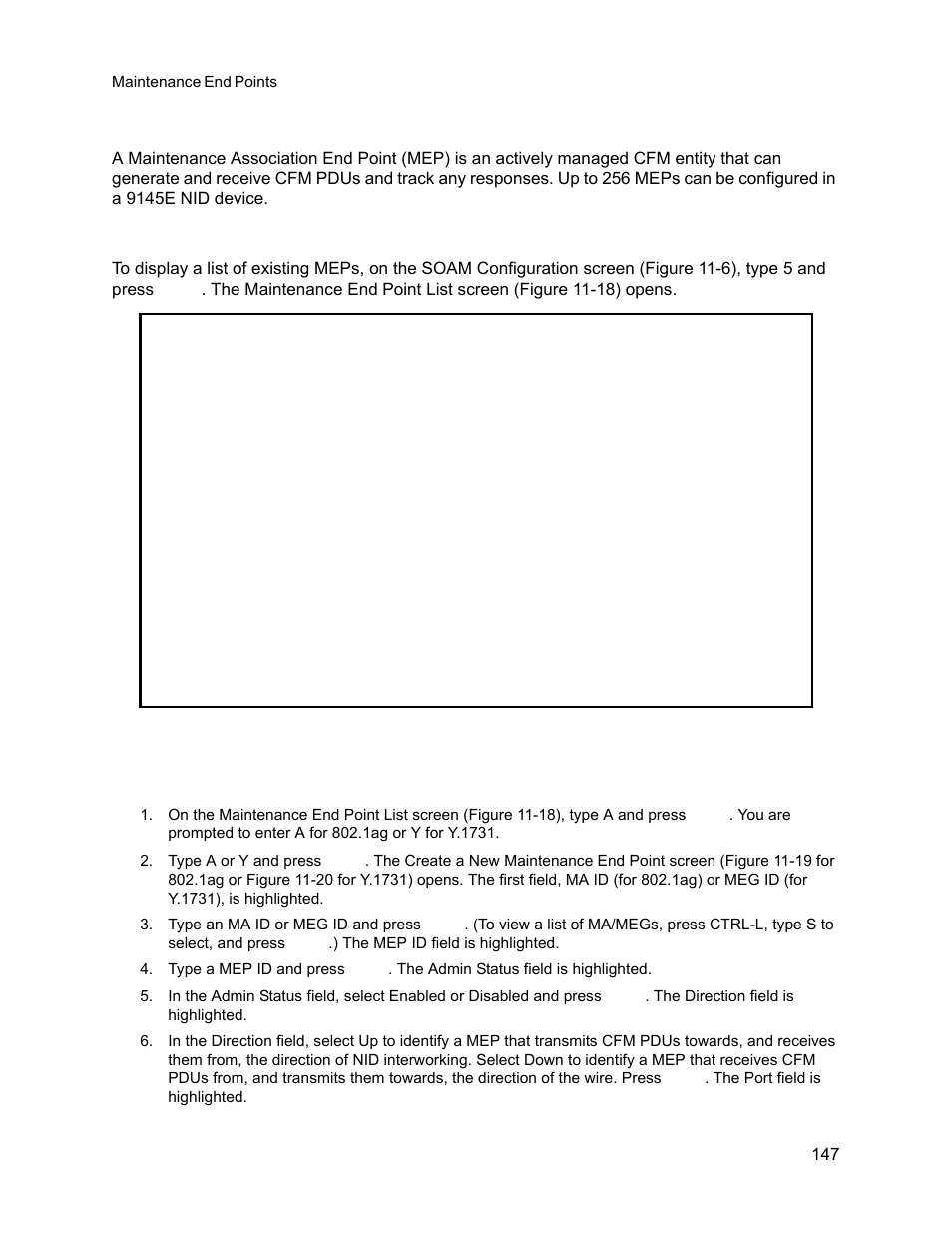 6 maintenance end points, 1 display maintenance end points, 2 create a maintenance end point | Maintenance end points, Display maintenance end points, Create a maintenance end point | CANOGA PERKINS 9145E NID Software Version 3.1 User Manual | Page 162 / 189