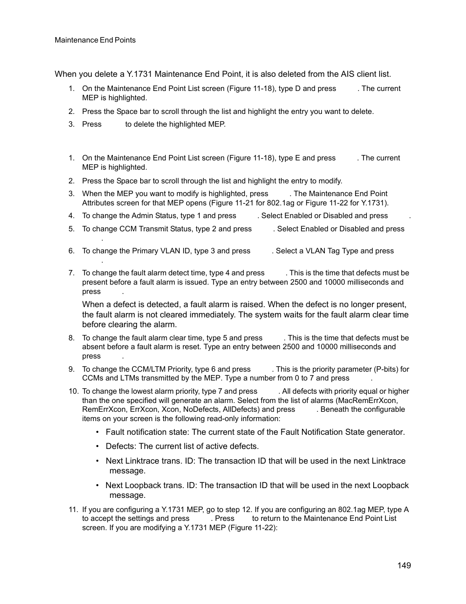 3 delete a maintenance end point, 4 modify a maintenance end point, Delete a maintenance end point | Modify a maintenance end point | CANOGA PERKINS 9145E NID Software Version 3.1 User Manual | Page 164 / 189