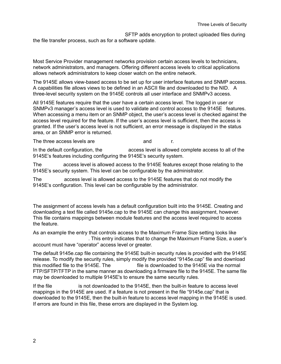 3 three levels of security, 4 feature access level configuration, Three levels of security | Feature access level configuration | CANOGA PERKINS 9145E NID Software Version 3.1 User Manual | Page 17 / 189