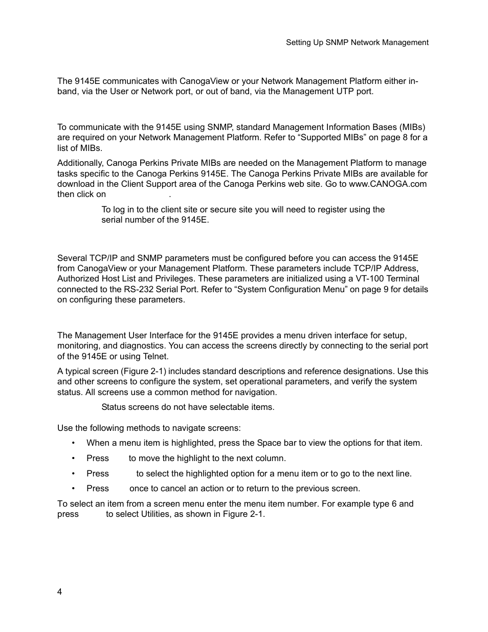 1 setting up snmp network management, 1 about mibs, 2 9145e set-up | 2 management user interface, Setting up snmp network management, About mibs, 9145e set-up, Management user interface | CANOGA PERKINS 9145E NID Software Version 3.1 User Manual | Page 19 / 189