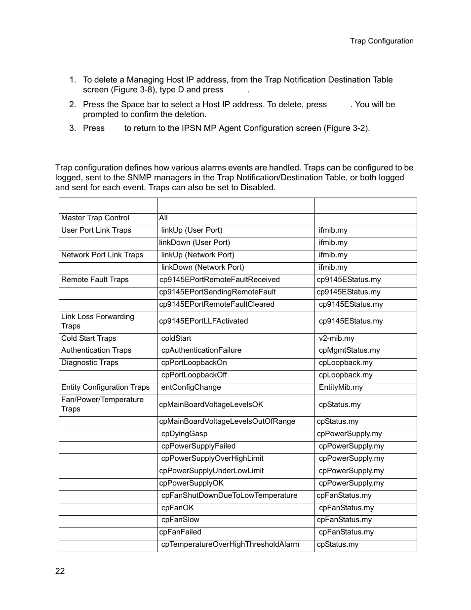 2 deleting a trap table, 3 trap configuration, Deleting a trap table | Trap configuration | CANOGA PERKINS 9145E NID Software Version 3.1 User Manual | Page 37 / 189