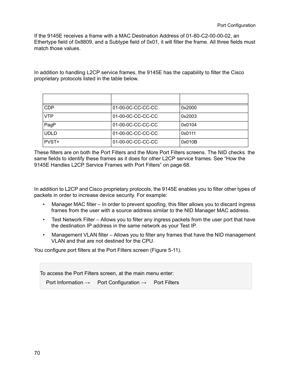 3 filtering cisco proprietary protocols, 4 setting port filters, Filtering cisco proprietary protocols | Setting port filters | CANOGA PERKINS 9145E NID Software Version 3.1 User Manual | Page 85 / 189