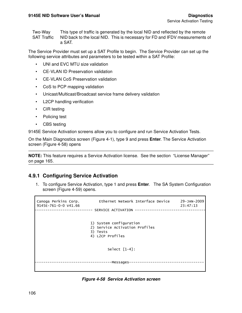 1 configuring service activation | CANOGA PERKINS 9145E NID Software Version 4.10 User Manual | Page 118 / 296