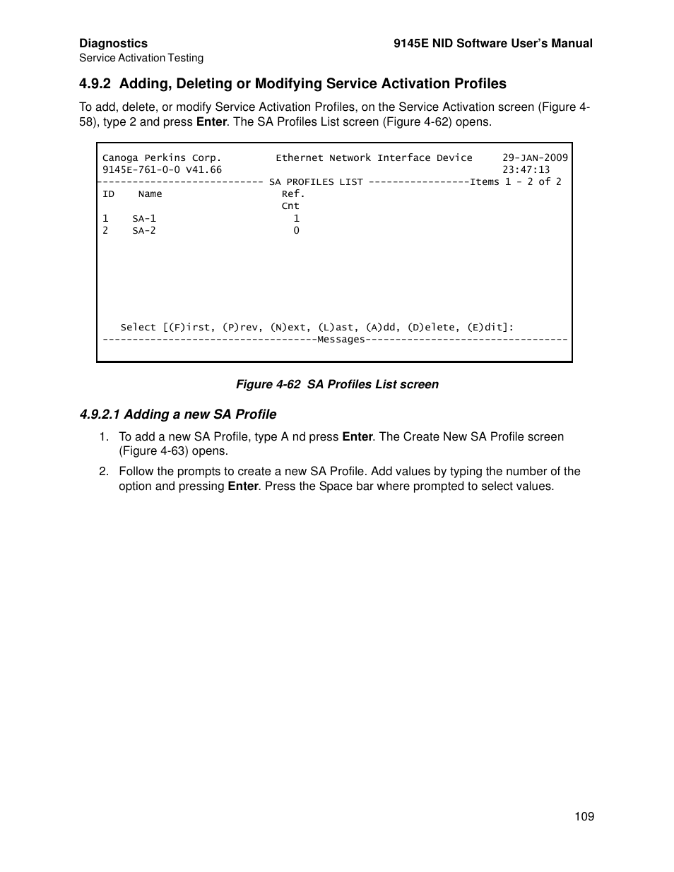 1 adding a new sa profile | CANOGA PERKINS 9145E NID Software Version 4.10 User Manual | Page 121 / 296