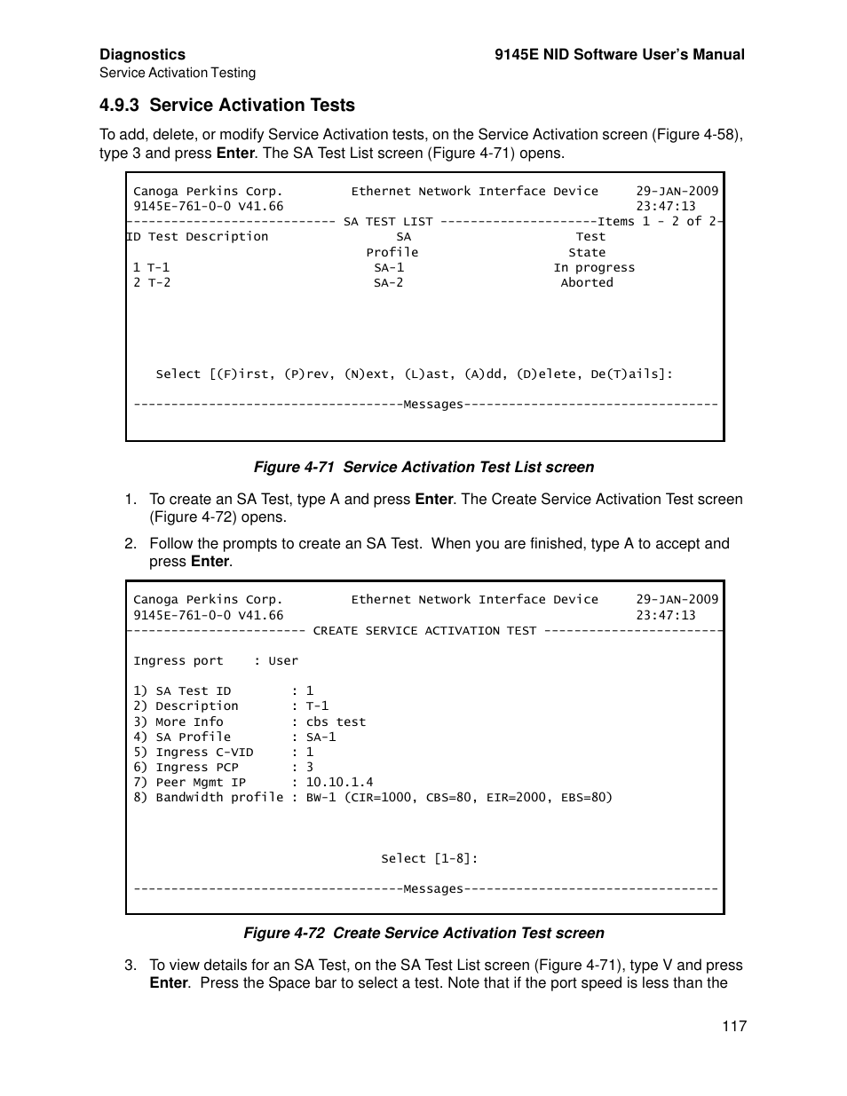 3 service activation tests | CANOGA PERKINS 9145E NID Software Version 4.10 User Manual | Page 129 / 296