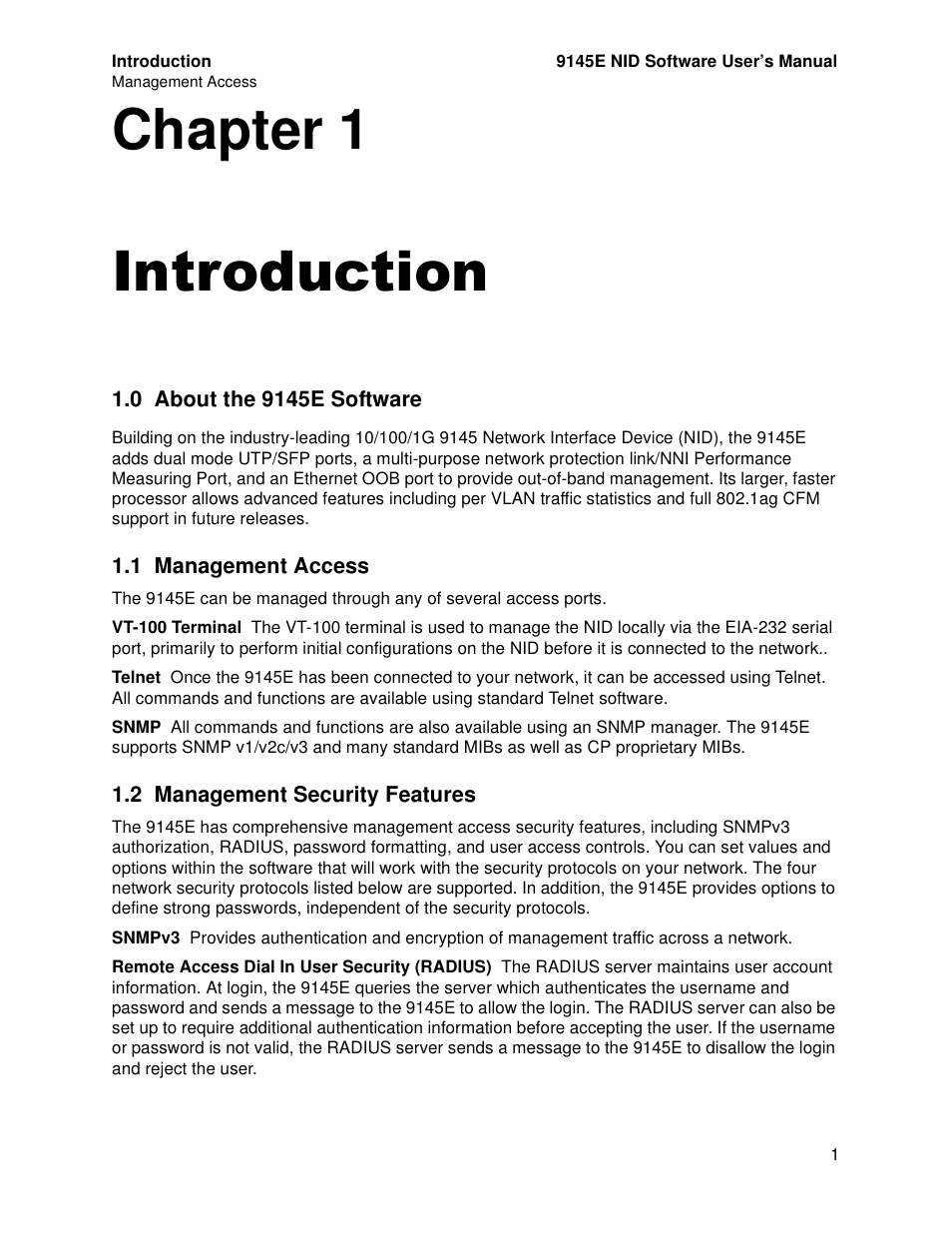 Introduction, 0 about the 9145e software, 1 management access | 2 management security features, Chapter 1. introduction, About the 9145e software, Management access, Management security features, Chapter 1 introduction | CANOGA PERKINS 9145E NID Software Version 4.10 User Manual | Page 13 / 296