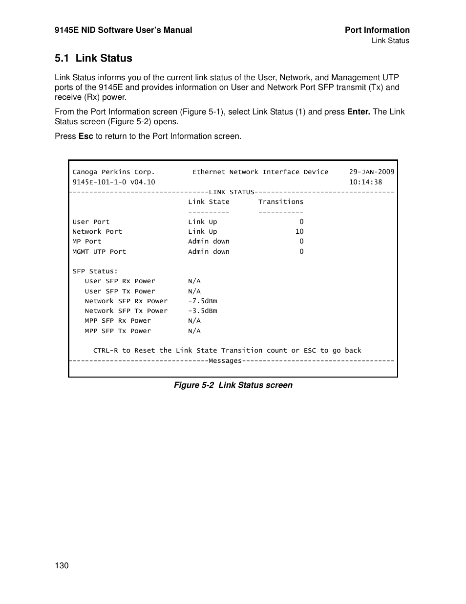 1 link status, Link status | CANOGA PERKINS 9145E NID Software Version 4.10 User Manual | Page 142 / 296