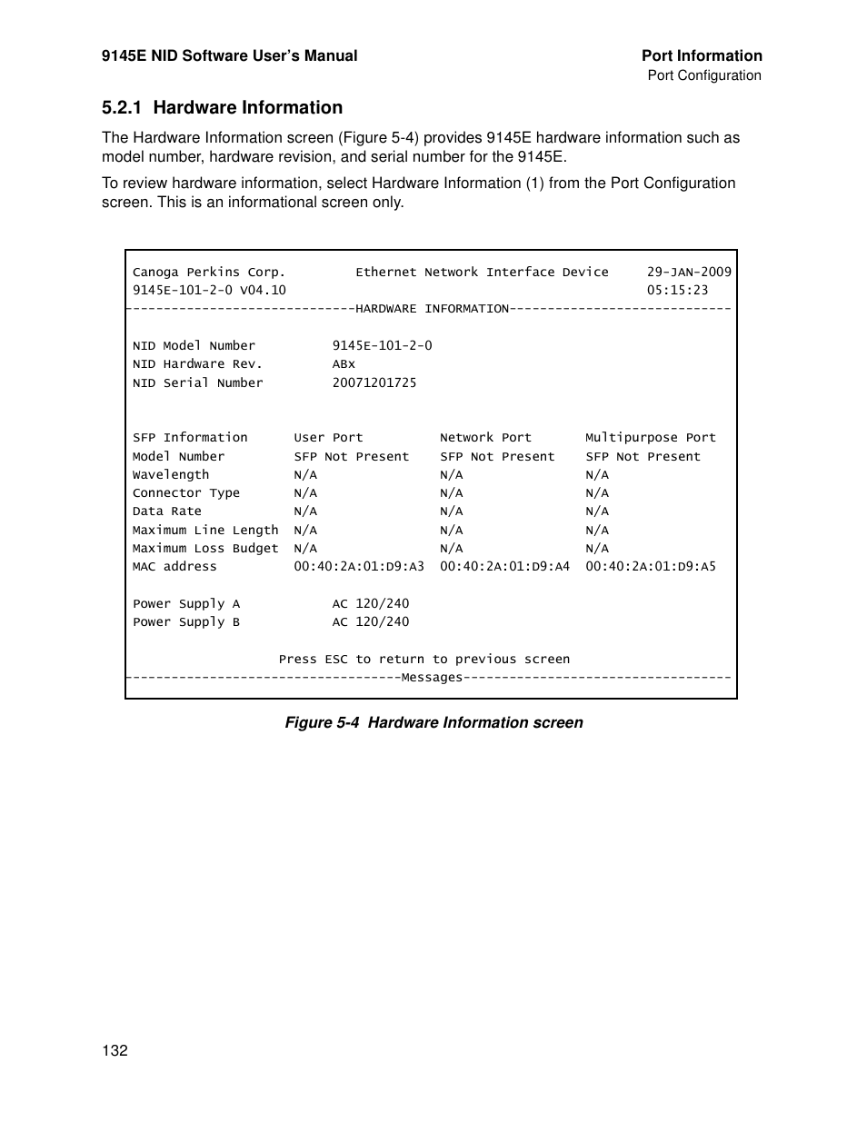 1 hardware information, Hardware information | CANOGA PERKINS 9145E NID Software Version 4.10 User Manual | Page 144 / 296