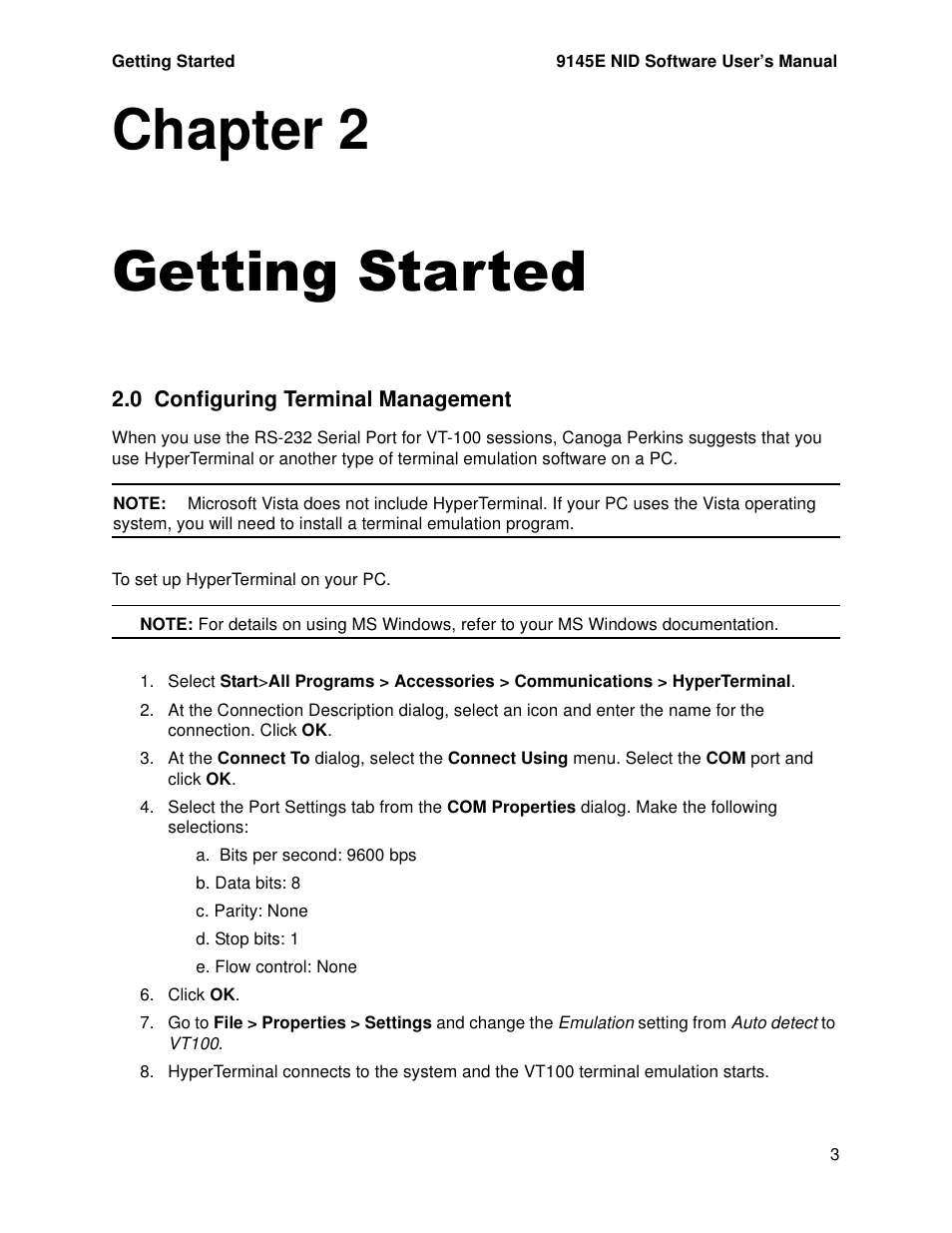 Getting started, 0 configuring terminal management, Chapter 2. getting started | Configuring terminal management, Chapter 2 getting started | CANOGA PERKINS 9145E NID Software Version 4.10 User Manual | Page 15 / 296